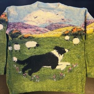 Women's Lightweight Dog Sheep Print Sweater Size L Multi Color Long Sleeve Soft